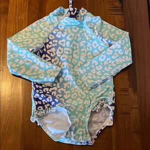 egg NYC Girls Long Sleeve Blue Ombré Leopard Rash Guard One-Piece Swimsuit